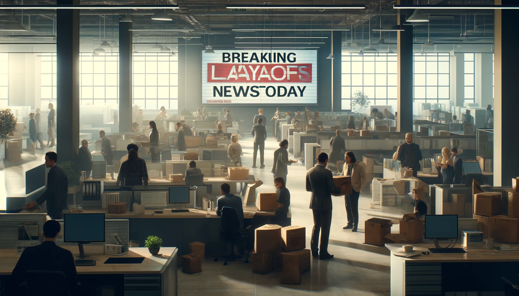 Employees packing their belongings into boxes in an office, with a 'Breaking Layoff News Today' headline displayed on a digital screen.