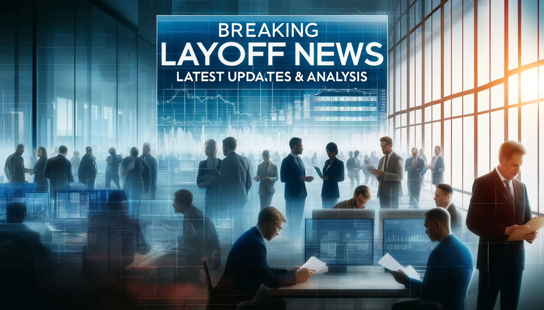 A digital image showing a diverse group of business professionals in a modern office setting, discussing and reacting to layoff news.
