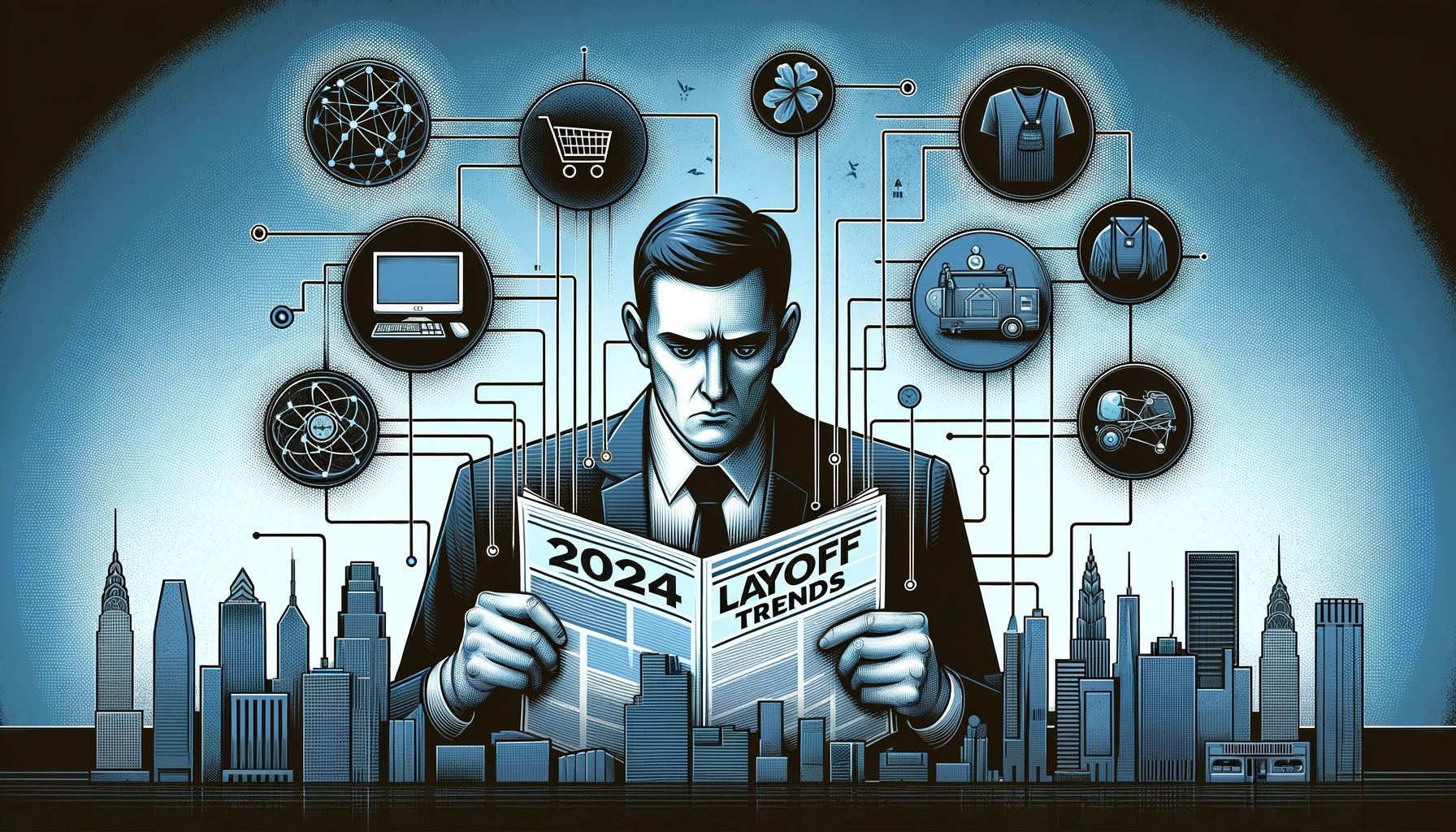 An illustrative montage showing 2024 layoff trends with icons of a computer, shopping cart, and electric vehicle linked to a business executive reading a newspaper in a cityscape setting.